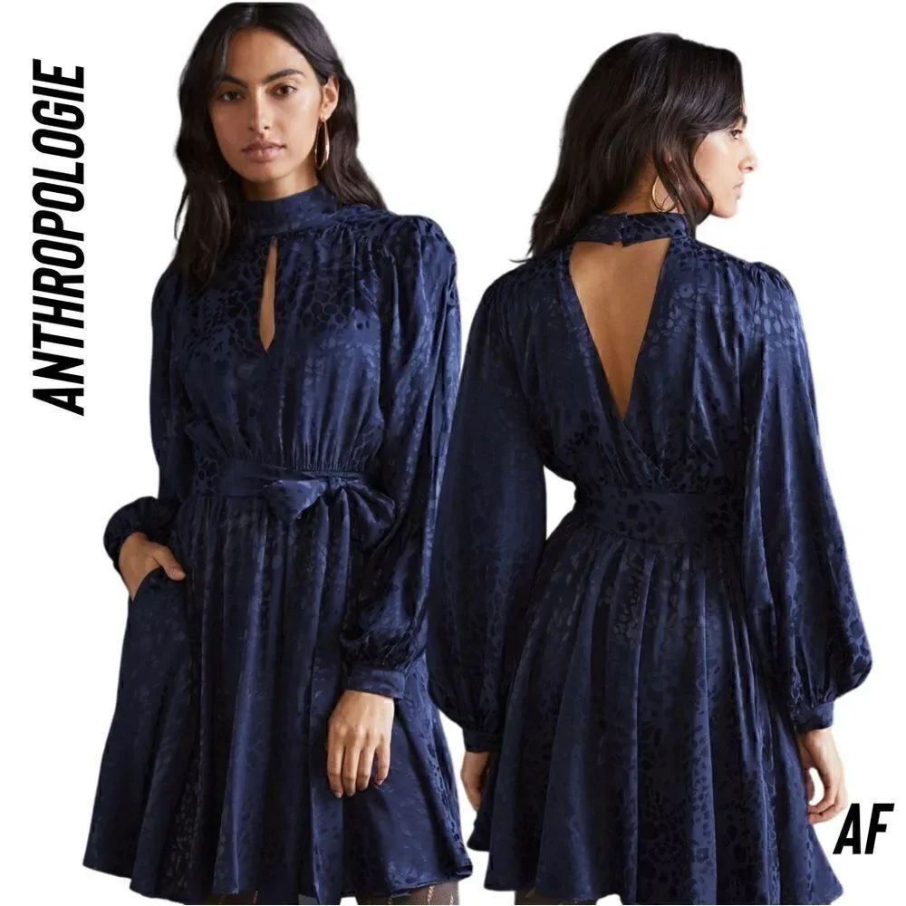 ANTHROPOLOGIE JACQUARD MINI DRESS NAVY NEW MEDIUM